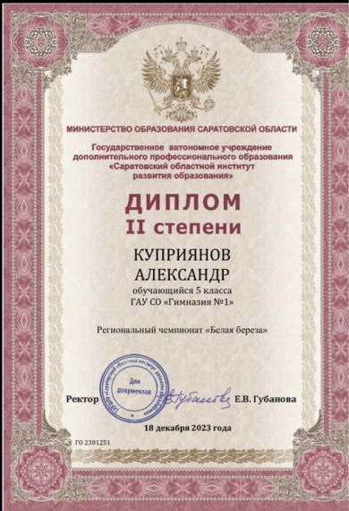 Ученик 5 «Б» класса стал призером регионального чемпионата по русскому языку.